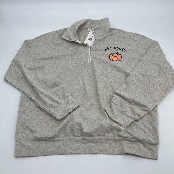 Romwe Sweater Large Womens Gray 1/2 Zip Pullover Pumpkin Print Casual Knit New - Picture 1 of 15